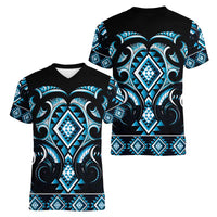 Blue Ngaru Taniko With Aotearoa Maori Tattoo Women V-Neck T-Shirt