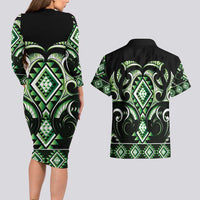 Green Ngaru Taniko With Aotearoa Maori Tattoo Couples Matching Long Sleeve Bodycon Dress and Hawaiian Shirt LT14 - Polynesian Pride