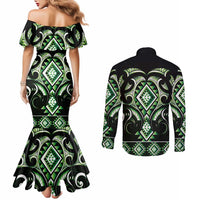 Green Ngaru Taniko With Aotearoa Maori Tattoo Couples Matching Mermaid Dress and Long Sleeve Button Shirt