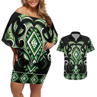 Green Ngaru Taniko With Aotearoa Maori Tattoo Couples Matching Off Shoulder Short Dress and Hawaiian Shirt LT14 Green - Polynesian Pride