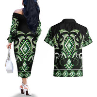 Green Ngaru Taniko With Aotearoa Maori Tattoo Couples Matching Off The Shoulder Long Sleeve Dress and Hawaiian Shirt LT14 - Polynesian Pride