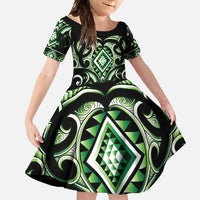 Green Ngaru Taniko With Aotearoa Maori Tattoo Family Matching Mermaid Dress and Hawaiian Shirt LT14 Daughter's Dress Green - Polynesian Pride