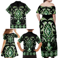 Green Ngaru Taniko With Aotearoa Maori Tattoo Family Matching Off Shoulder Maxi Dress and Hawaiian Shirt LT14 - Polynesian Pride