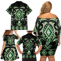Green Ngaru Taniko With Aotearoa Maori Tattoo Family Matching Off Shoulder Short Dress and Hawaiian Shirt LT14 - Polynesian Pride