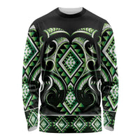 Green Ngaru Taniko With Aotearoa Maori Tattoo Long Sleeve Shirt