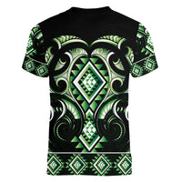 Green Ngaru Taniko With Aotearoa Maori Tattoo Women V-Neck T-Shirt