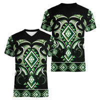 Green Ngaru Taniko With Aotearoa Maori Tattoo Women V-Neck T-Shirt