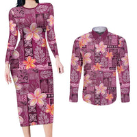 Pink Hawaii Plumeria With Tropical Flowers Motifs Couples Matching Long Sleeve Bodycon Dress and Long Sleeve Button Shirt LT14 Pink - Polynesian Pride