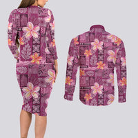 Pink Hawaii Plumeria With Tropical Flowers Motifs Couples Matching Long Sleeve Bodycon Dress and Long Sleeve Button Shirt LT14 - Polynesian Pride
