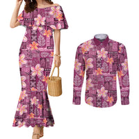 Pink Hawaii Plumeria With Tropical Flowers Motifs Couples Matching Mermaid Dress and Long Sleeve Button Shirt