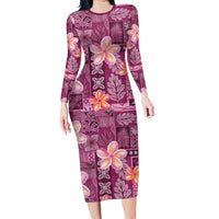 Pink Hawaii Plumeria With Tropical Flowers Motifs Family Matching Long Sleeve Bodycon Dress and Hawaiian Shirt LT14 Mom's Dress Pink - Polynesian Pride