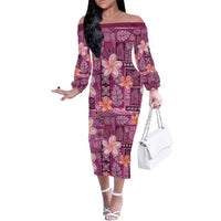Pink Hawaii Plumeria With Tropical Flowers Motifs Family Matching Off The Shoulder Long Sleeve Dress and Hawaiian Shirt LT14 Mom's Dress Pink - Polynesian Pride