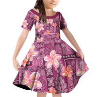 Pink Hawaii Plumeria With Tropical Flowers Motifs Family Matching Off Shoulder Short Dress and Hawaiian Shirt LT14 Daughter's Dress Pink - Polynesian Pride