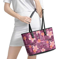 Pink Hawaii Plumeria With Tropical Flowers Motifs Leather Tote Bag LT14 - Polynesian Pride