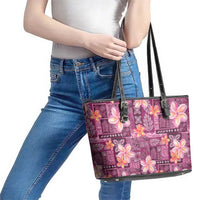 Pink Hawaii Plumeria With Tropical Flowers Motifs Leather Tote Bag LT14 - Polynesian Pride