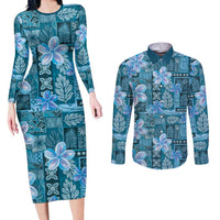 Cyan Hawaii Plumeria With Tropical Flowers Motifs Couples Matching Long Sleeve Bodycon Dress and Long Sleeve Button Shirt LT14 Cyan - Polynesian Pride