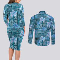 Cyan Hawaii Plumeria With Tropical Flowers Motifs Couples Matching Long Sleeve Bodycon Dress and Long Sleeve Button Shirt LT14 - Polynesian Pride