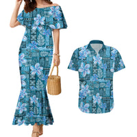 Cyan Hawaii Plumeria With Tropical Flowers Motifs Couples Matching Mermaid Dress and Hawaiian Shirt LT14 Cyan - Polynesian Pride