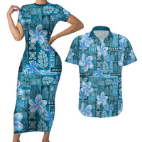 Cyan Hawaii Plumeria With Tropical Flowers Motifs Couples Matching Short Sleeve Bodycon Dress and Hawaiian Shirt LT14 Cyan - Polynesian Pride