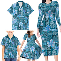 Cyan Hawaii Plumeria With Tropical Flowers Motifs Family Matching Long Sleeve Bodycon Dress and Hawaiian Shirt LT14 - Polynesian Pride