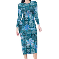 Cyan Hawaii Plumeria With Tropical Flowers Motifs Family Matching Long Sleeve Bodycon Dress and Hawaiian Shirt LT14 Mom's Dress Cyan - Polynesian Pride