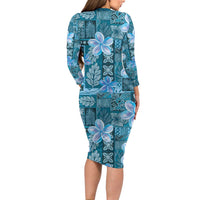 Cyan Hawaii Plumeria With Tropical Flowers Motifs Family Matching Long Sleeve Bodycon Dress and Hawaiian Shirt LT14 - Polynesian Pride