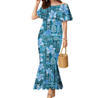 Cyan Hawaii Plumeria With Tropical Flowers Motifs Family Matching Mermaid Dress and Hawaiian Shirt LT14 Mom's Dress Cyan - Polynesian Pride