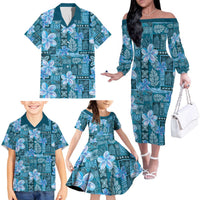 Cyan Hawaii Plumeria With Tropical Flowers Motifs Family Matching Off The Shoulder Long Sleeve Dress and Hawaiian Shirt LT14 - Polynesian Pride