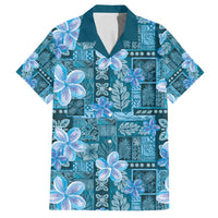 Cyan Hawaii Plumeria With Tropical Flowers Motifs Family Matching Off Shoulder Maxi Dress and Hawaiian Shirt LT14 Dad's Shirt - Short Sleeve Cyan - Polynesian Pride