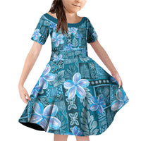 Cyan Hawaii Plumeria With Tropical Flowers Motifs Family Matching Off Shoulder Short Dress and Hawaiian Shirt LT14 Daughter's Dress Cyan - Polynesian Pride