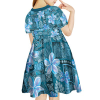 Cyan Hawaii Plumeria With Tropical Flowers Motifs Kid Short Sleeve Dress
