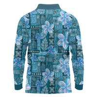 Cyan Hawaii Plumeria With Tropical Flowers Motifs Long Sleeve Polo Shirt