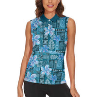Cyan Hawaii Plumeria With Tropical Flowers Motifs Women Sleeveless Polo Shirt