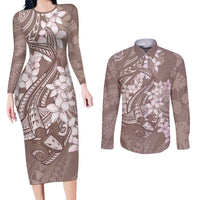 Polynesia Hammerhead Shark Tattoo With Plumeria Lei Couples Matching Long Sleeve Bodycon Dress and Long Sleeve Button Shirt