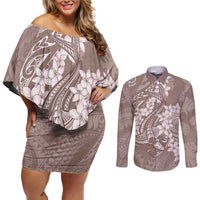 Polynesia Hammerhead Shark Tattoo With Plumeria Lei Couples Matching Off Shoulder Short Dress and Long Sleeve Button Shirt