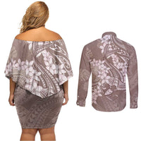 Polynesia Hammerhead Shark Tattoo With Plumeria Lei Couples Matching Off Shoulder Short Dress and Long Sleeve Button Shirt