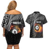 Personalised New Zealand Billiards Couples Matching Off Shoulder Short Dress and Hawaiian Shirt Maori Fern On Fire 8 Ball LT14 - Polynesian Pride
