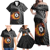 Personalised New Zealand Billiards Family Matching Off Shoulder Maxi Dress and Hawaiian Shirt Maori Fern On Fire 8 Ball LT14 - Polynesian Pride