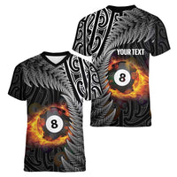 Personalised New Zealand Billiards Women V-Neck T-Shirt Maori Fern On Fire 8 Ball LT14 - Polynesian Pride