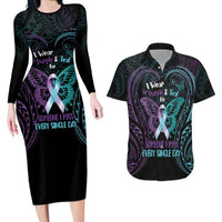 Suicide Awareness Memorial Couples Matching Long Sleeve Bodycon Dress and Hawaiian Shirt I Wear Purple and Teal For Someone I Miss LT14 Black - Polynesian Pride