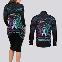 Suicide Awareness Memorial Couples Matching Long Sleeve Bodycon Dress and Long Sleeve Button Shirt I Wear Purple and Teal For Someone I Miss LT14 - Polynesian Pride