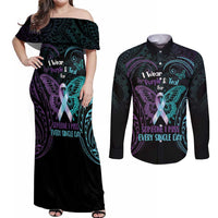 Suicide Awareness Memorial Couples Matching Off Shoulder Maxi Dress and Long Sleeve Button Shirt I Wear Purple and Teal For Someone I Miss LT14 Black - Polynesian Pride
