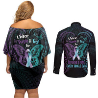 Suicide Awareness Memorial Couples Matching Off Shoulder Short Dress and Long Sleeve Button Shirt I Wear Purple and Teal For Someone I Miss LT14 - Polynesian Pride