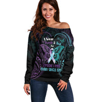 Suicide Awareness Memorial Off Shoulder Sweater I Wear Purple and Teal For Someone I Miss LT14 Women Black - Polynesian Pride