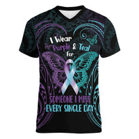 Suicide Awareness Memorial Women V-Neck T-Shirt I Wear Purple and Teal For Someone I Miss LT14 Female Black - Polynesian Pride