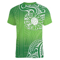 Polynesia Depression Awareness Women V-Neck T-Shirt Sunflower Green Ribbons Polynesian Tattoo