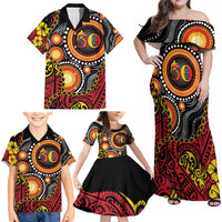 Celebrating 50 Years Papua New Guinea Family Matching Off Shoulder Maxi Dress and Hawaiian Shirt Aboriginal Mix Papuan Pattern LT14 - Polynesian Pride