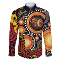 Celebrating 50 Years Papua New Guinea Family Matching Off Shoulder Short Dress and Hawaiian Shirt Aboriginal Mix Papuan Pattern LT14 Dad's Shirt - Long Sleeve Red - Polynesian Pride
