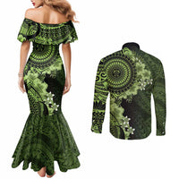Vanuatu Couples Matching Mermaid Dress and Long Sleeve Button Shirt Hibisus Polynesian Pattern Green LT14 - Polynesian Pride