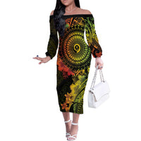 Vanuatu Family Matching Off The Shoulder Long Sleeve Dress and Hawaiian Shirt Hibisus Polynesian Pattern Reggae - Polynesian Pride